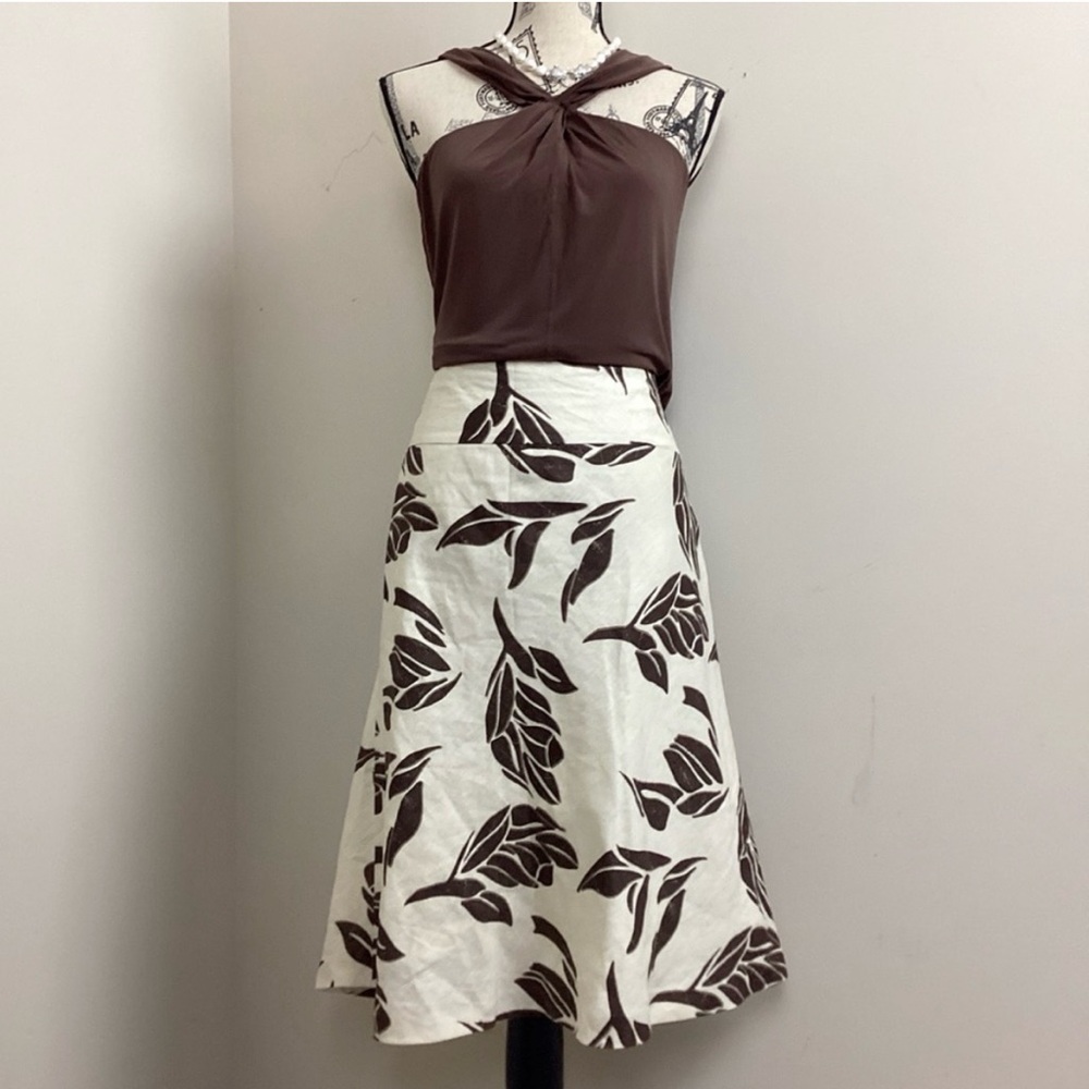 🤎 H&M Brown & Ivory Leaf Print Lined Linen A-Line Skirt Women’s Size 6 - Picture 4 of 16
